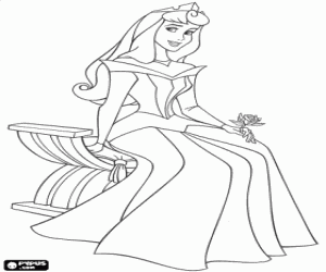 Colorear La Princesa Aurora completamente feliz con su diadema y una rosa en la mano
