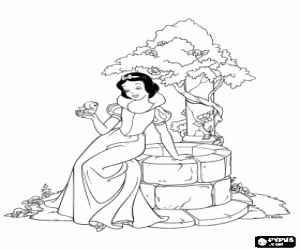 Colorear La princesa Blancanieves sentada junto a un pozo y con un pajarito en la mano