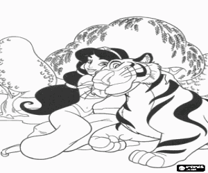 Colorear La Princesa Jasmine con su mascota, el tigre Rajah, en los jardines de palacio