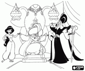 Colorear La Princesa Jasmine junto a su padre, el Sult�n, y Jafar, en el sal�n del trono