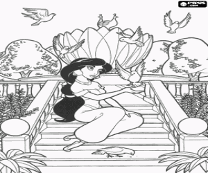 Colorear La princesa Jasmine sentada en las escaleras del jard�n de palacio jugando con los pajaritos