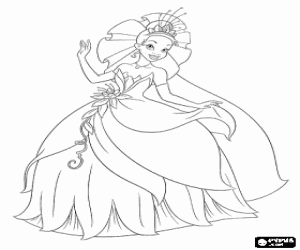 Colorear La princesa Tiana con un precioso vestido de fiesta