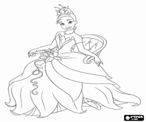 Colorear La princesa Tiana muy elegante sentada en una silla 