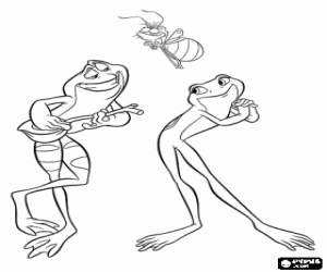Colorear La rana Tiana enamorada de la rana Naveen escuchando su canto bajo la luz de su amiga Ray