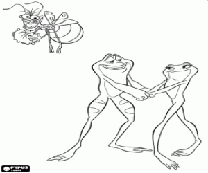 Colorear La rana Tiana y el sapo Naveen bailando en el estanque iluminados por la luci�rnaga Ray