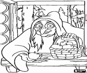 Colorear La Reina transformada en bruja da la manzana envenenada a Blancanieves