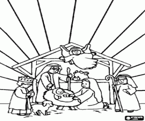 Colorear La Sagrada Fam�lia en el establo con el buey y la mula, un �ngel volando, un pastor con una oveja y un rey ofreciendo sus regalos a Jes�s