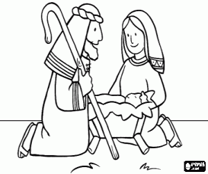 Colorear La Sagrada Fam�lia - San Jos�, la Virgen Mar�a y el Ni�o Jes�s en el pesebre