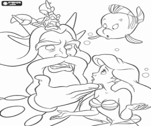 Colorear La sirenita Ariel hablando con su padre el rey Trit�n y con sus amigos el pez Flounder y el cangrejo Sebasti�n