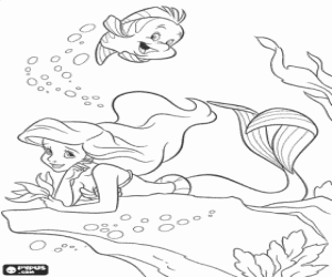 Colorear La sirenita Ariel so�ando con su principe azul al lado de su amigo el pez Flounder