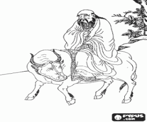 Colorear Laozi, Lao Tse o Lao-Tzu, filosofo de la antigua China, figura central del Tao�smo, montando un b�falo