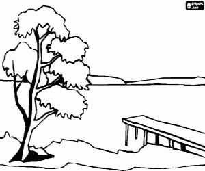 Colorear Las aguas tranquilas de un lago con un muelle y un �rbol en primer plano