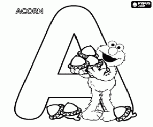 Colorear Letra A con Elmo y algunas bellotas