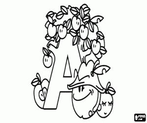 Colorear Letra A con un mont�n de manzanas