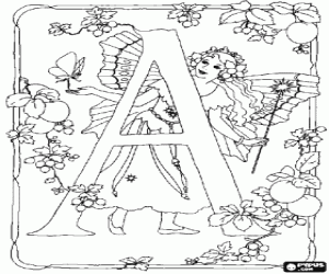 Colorear Letra A con una hada con su varita m�gica y una mariposa y rodeada de flores
