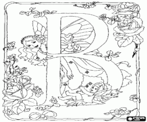 Colorear Letra B con una hada y una beb� hada y rodeada de flores