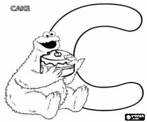 Colorear Letra C con el monstruo de las galletas comiendo un pastel