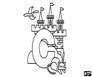 Colorear Letra C con un castillo y un gato
