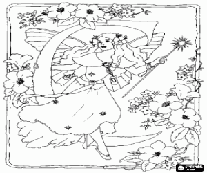 Colorear Letra C con una hada con su varita m�gica y rodeada de flores