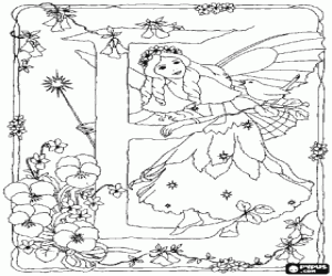 Colorear Letra E con una hada con su varita m�gica contemplando un p�jaro cantor y rodeada de flores
