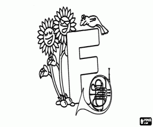 Colorear Letra F, con dos flores, una rana y una trompa o cuerno franc�s