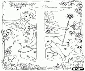 Colorear Letra F con una hada con su varita m�gica contemplando una mariposa y rodeada de flores