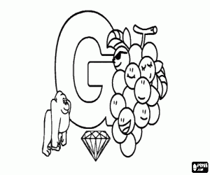 Colorear Letra G con algunas uvas, un gorila y una piedra preciosa o gema