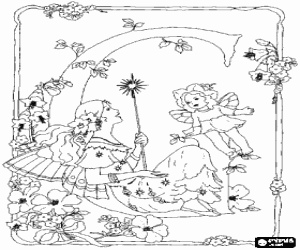 Colorear Letra G con una hada con su varita m�gica, una ni�a hada y rodeada de flores