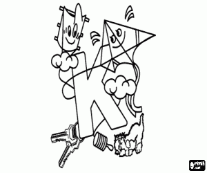 Colorear Letra K con dos cometas, dos llaves y un gatito