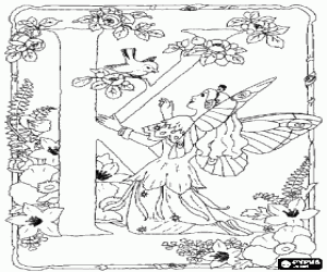 Colorear Letra K con una hada contemplando un p�jaro y rodeada de flores