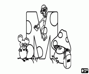 Colorear Letra M con un mono, un rat�n, un hongo y una botella de leche
