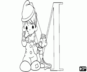 Colorear Letra M con un ni�o payaso y un peque�o mono