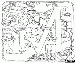 Colorear Letra M con una hada con su varita m�gica, un duendecillo y rodeada de flores