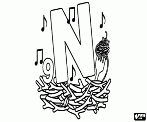 Colorear Letra N en un nido con un nueve,  con algunas notas y con fideos en un tenedor