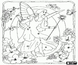Colorear Letra O con una hada con su varita m�gica contemplando una mariposa y rodeada de flores
