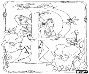 Colorear Letra P con una hada contemplando una lib�lula y rodeada de flores