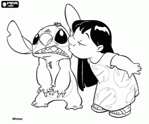 Colorear Lilo, la ni�a de Hawai le da un beso a Stitch, el Experimento 626 del Dr. Jumba