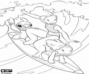 Colorear Lilo, Stitch surfeando en las olas de Hawai con Nani, la hermana mayor de Lilo