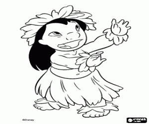 Colorear Lilo, una ni�a hawaiana, bailando la hula, t�pica danza de Haw�i