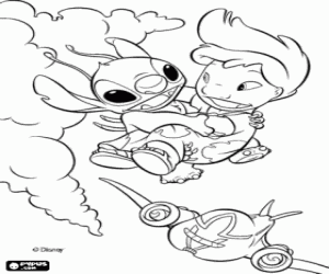 Colorear Lilo volando en los brazos de Stitch