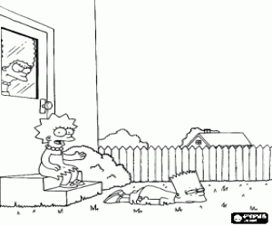Colorear Lisa hablando sin parar y Bart cansado y aburrido en su jard�n bajo la mirada de Marge