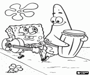Colorear Los amigos Bob Esponja y Patricio con sus instrumentos musicales: una guitarra y un bombo