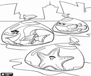 Colorear Los amigos de Nemo, Gill, Peach y Globo, dentro de bolsas llenas de agua y por f�n libres de la pecera
