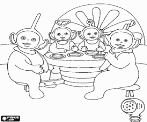 Colorear Los cuatro Teletubbies con los baberos sentados a la mesa a la hora de la comida