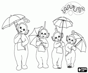 Colorear Los cuatro Teletubbies con sus paraguas abiertos