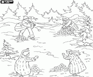 Colorear Los hermanos Pevensie jugando en plena batalla de nieve