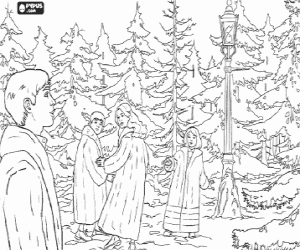 Colorear Los hermanos Pevensie, Peter, Lucy, Susan and Edmund en el bosque m�gico