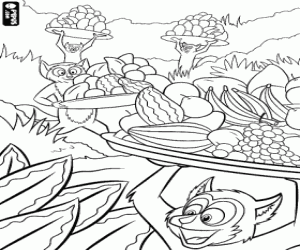 Colorear Los lemures cargando grandes bandejas de frutas 
