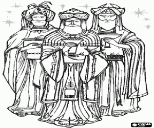 Colorear Los Magos de Oriente con sus ofrendas y sus elegantes vestidos