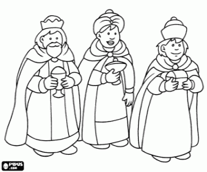 Colorear Los Magos de Oriente Melchor, Gaspar y Baltasar con sus regalos